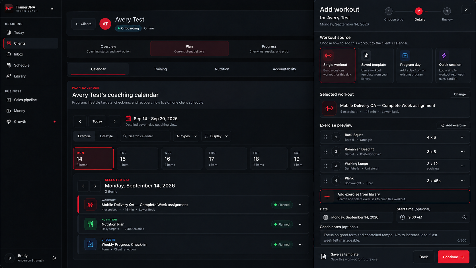 TrainerDNA coach workspace assigning a workout to a client's coaching calendar