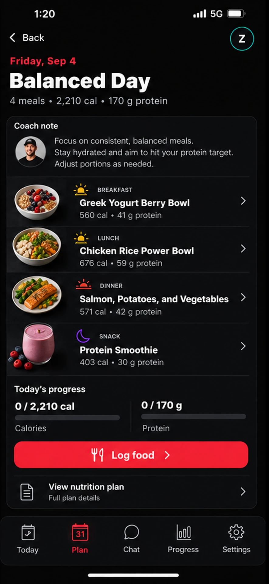 TrainerDNA client app nutrition day with meals, calories and protein targets
