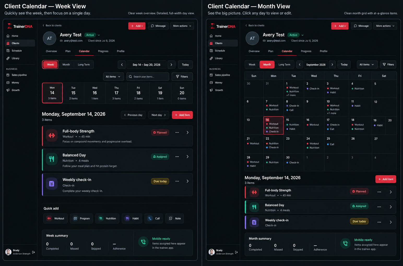 TrainerDNA client calendar in week view and month view with workouts, nutrition, habits and check-ins