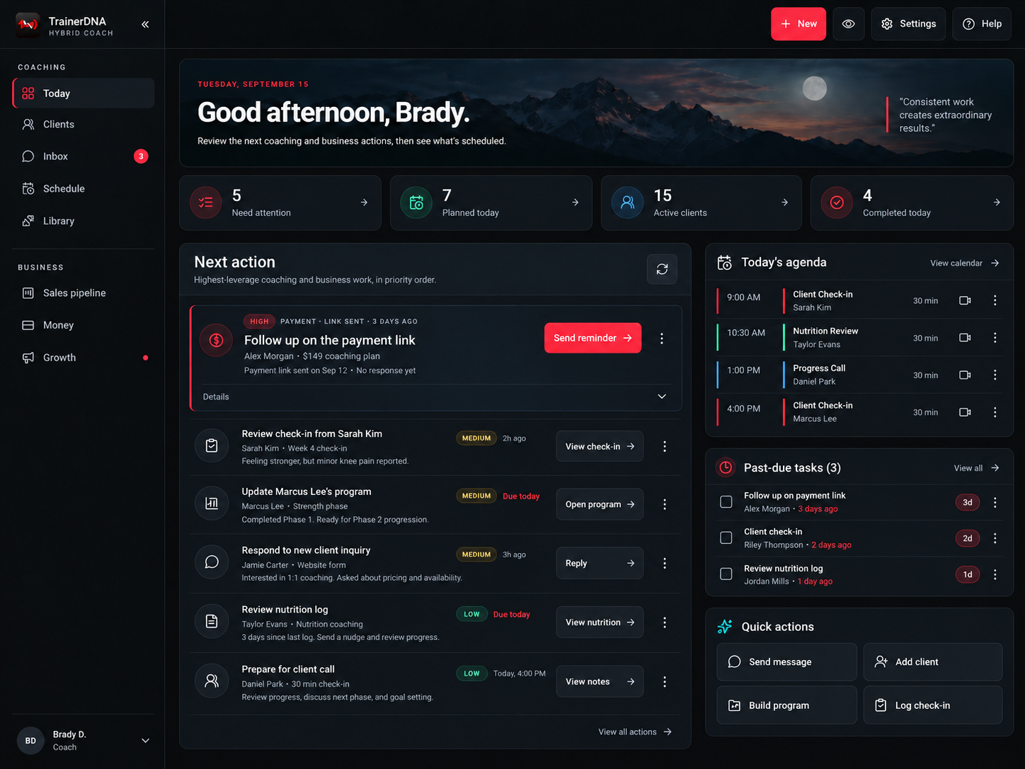 TrainerDNA coach workspace showing today's priorities, client activity, check-ins and revenue