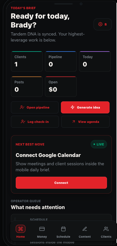 TrainerDNA mobile — daily brief, pipeline, and next best move